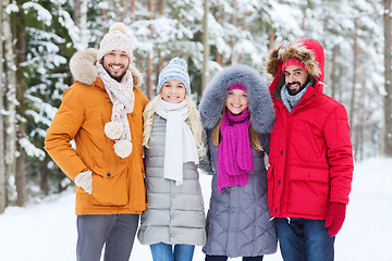 Image showing group of smiling men and women in winter forest