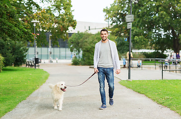 Image showing happy man with labrador dog walking in city