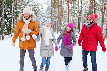 Image showing group of smiling men and women in winter forest