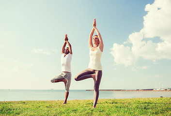 Image showing smiling couple making yoga exercises outdoors