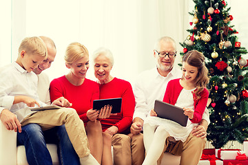 Image showing smiling family with tablet pc computers at home