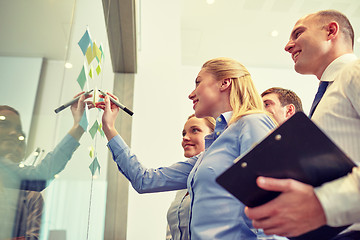 Image showing smiling business people with marker and stickers