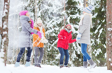 Image showing group of happy friends playing snowballs in forest