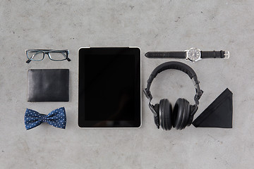 Image showing tablet pc, headphones with hipster personal stuff