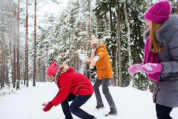 Image showing happy friends playing snowball in winter forest