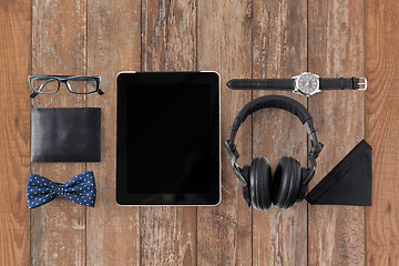 Image showing tablet pc, headphones with hipster personal stuff