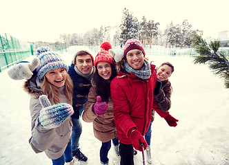 Image showing happy friends with smartphone on ice skating rink