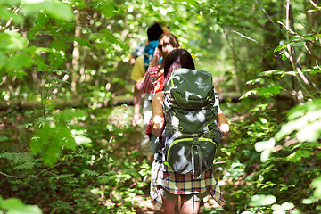 Image showing close up of friends with backpacks hiking