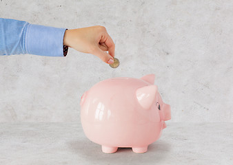 Image showing close up of hand putting coin to piggy bank