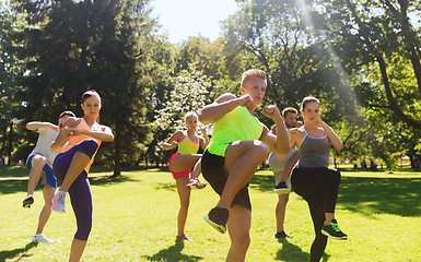 Image showing group of friends or sportsmen exercising outdoors