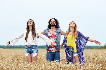 Image showing smiling young hippie friends on cereal field