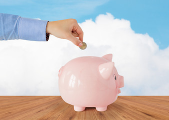 Image showing close up of hand putting coin into piggy bank