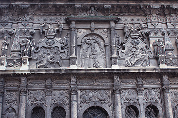 Image showing nice sculptures on the front of building in Lviv