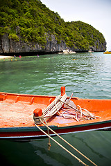 Image showing  boat coastline of a  green lagoon and tree  people