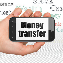 Image showing Currency concept: Hand Holding Smartphone with Money Transfer on display