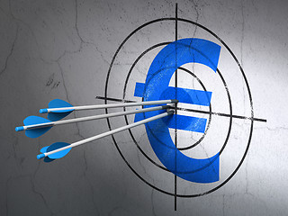 Image showing Currency concept: arrows in Euro target on wall background