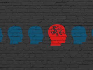 Image showing Finance concept: head with finance symbol icon on wall background