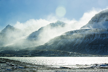 Image showing Snowy mountain landscape, East Iceland