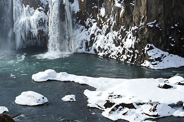 Image showing Closeup of frozen waterfall Godafoss, Iceland