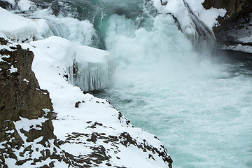 Image showing Closeup of frozen waterfall Godafoss, Iceland