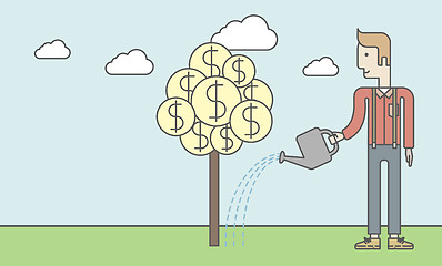 Image showing Man watering money tree.