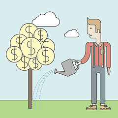 Image showing Man watering money tree.