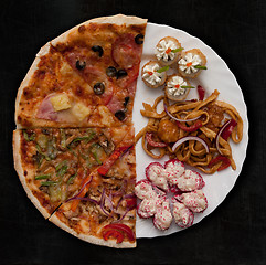 Image showing pizza and sushi f