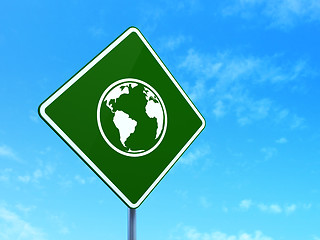 Image showing Studying concept: Globe on road sign background