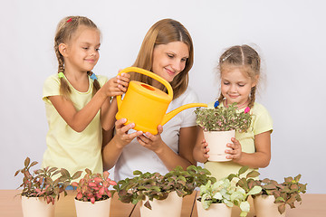 Image showing Joyful mother and children watering flowers