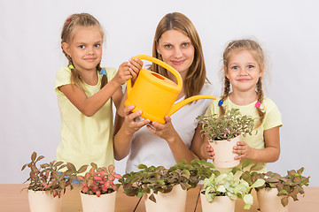Image showing Mother and two daughters caring for potted flowers