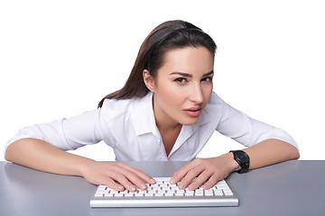 Image showing Business woman pointing at imaginary button