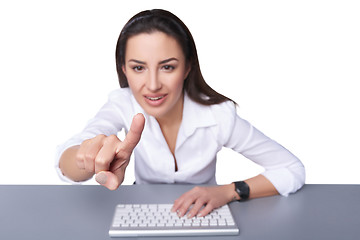 Image showing Business woman pointing at imaginary button