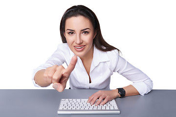 Image showing Business woman pointing at imaginary button