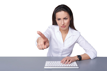 Image showing Business woman pointing at imaginary button