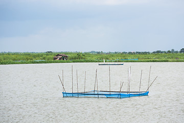 Image showing Feeding stations at fish farm