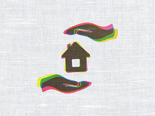 Image showing Insurance concept: House And Palm on fabric texture background