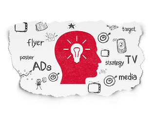 Image showing Marketing concept: Head With Light Bulb on Torn Paper background