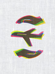 Image showing Insurance concept: Airplane And Palm on fabric texture background