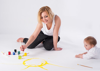 Image showing Pretty young mother and daughter draw picture