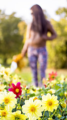 Image showing Beautiful long haired woman and many flowers