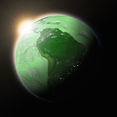 Image showing Sun over South America on green planet Earth