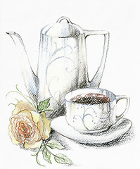 Image showing Illustration of the beautiful menu with a coffee pot and a rose.