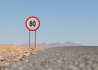 Image showing Speed limit sign at a desert road in Namibia