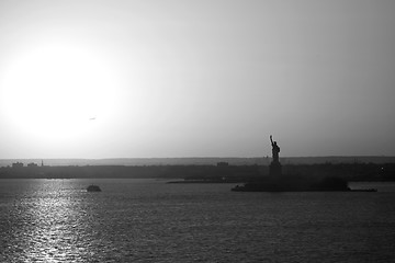 Image showing Panoramic view of city and Liberty Statue bw