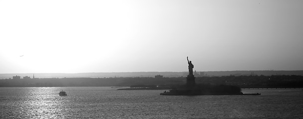 Image showing Liberty Statue in New York panorama bw