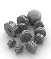 Image showing Fitness ball and dumbell