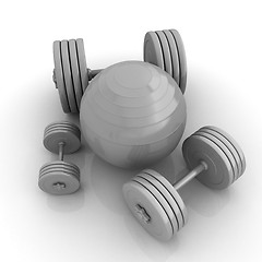 Image showing Fitness ball and dumbell