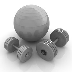 Image showing Fitness ball and dumbell