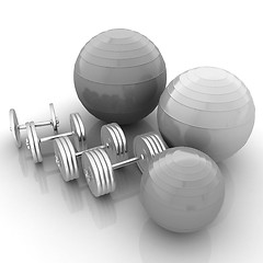 Image showing Fitness ball and dumbell