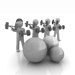 Image showing 3d mans with fitness balls and dumbells